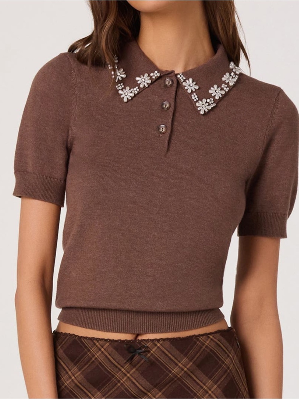 Astr Brown Plaid Pencil Skirt with Subtle Bow